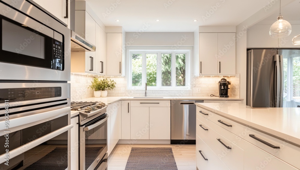 Modern kitchen with white cabinets and stainless steel appliances. Modern kitchen with white cabinets and stainless steel appliances.