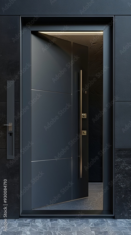 The gray aluminum door stands open, inviting entry into a sleek, modern space that highlights minimalistic design The gray aluminum door stands open, inviting entry into a sleek, modern space that highlights minimalistic design