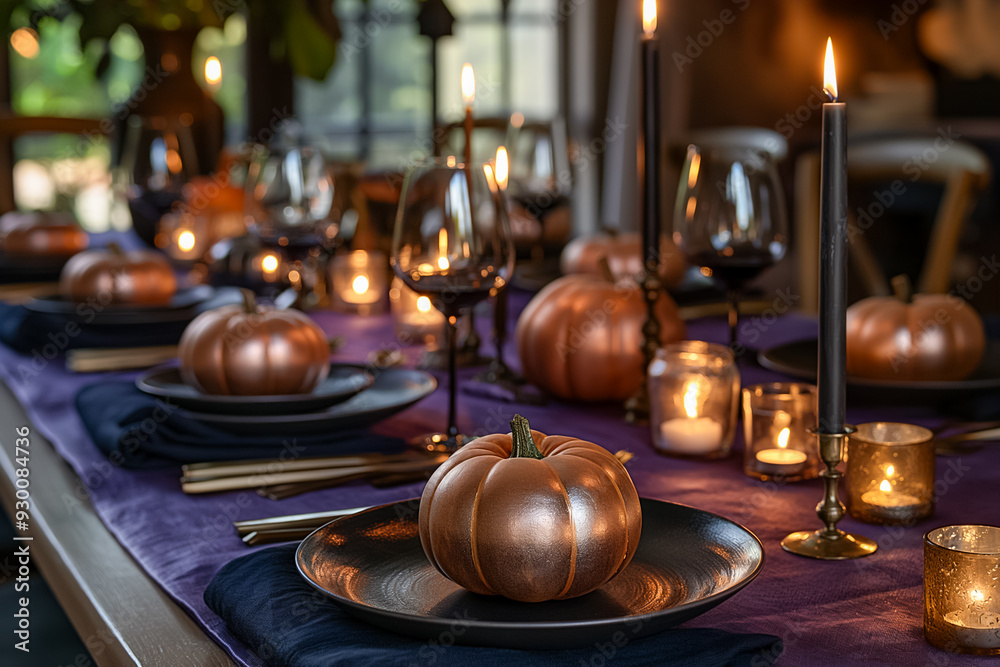 A beautifully arranged dinner table features bronze pumpkins, candles, and wine glasses, creating a warm autumn atmosphere A beautifully arranged dinner table features bronze pumpkins, candles, and wine glasses, creating a warm autumn atmosphere