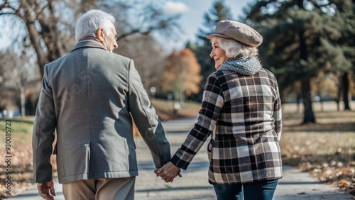 Senior couple holding hands while walking through a park on a sunny day. The image captures the essence of love, companionship, and enjoying life together in their golden years, highlighting a peacefu