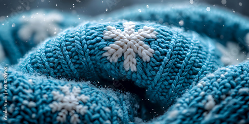 Snowflakes on blue knitted fabric, for seasonal themes, winter, holiday marketing promo visuals. Detailed view of knit patterns with snowflake designs. Cozy winter knit texture with snowflake motifs