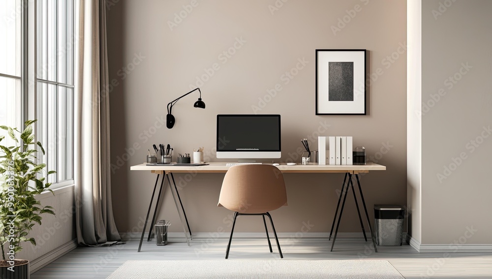 Minimalist home office with a computer and chair. Minimalist home office with a computer and chair.