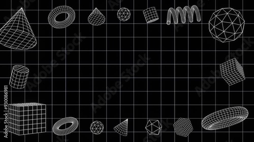 3d render set of cyber futuristic wireframe grid square white geometry math shape objects on black background isolated. Back to school sphere, cube hexagon minimalistic web net background animation 