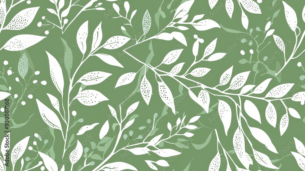 Fototapeta premium Elegant White Leaf Pattern on Green Background. Nature-Inspired Botanical Design