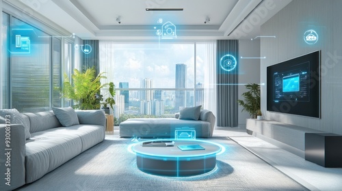 Futuristic living room with holographic interfaces, smart home technology integration, cozy modern furnishings, and a panoramic view of a city skyline through large windows.