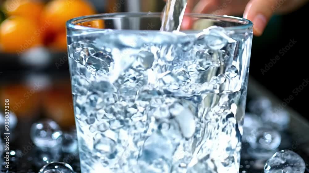 Cold water is poured over ice cubes into a glass, creating ripples and splashes on a shiny counter.