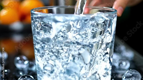 Cold water is poured over ice cubes into a glass, creating ripples and splashes on a shiny counter.