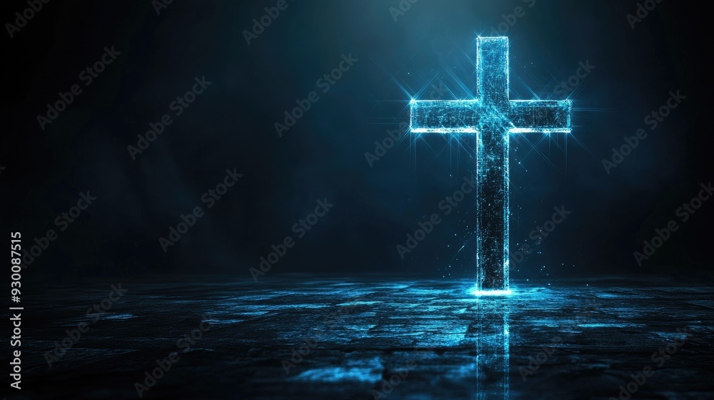 Naklejka premium Digital cross icon on a black background with plenty of empty space for text.