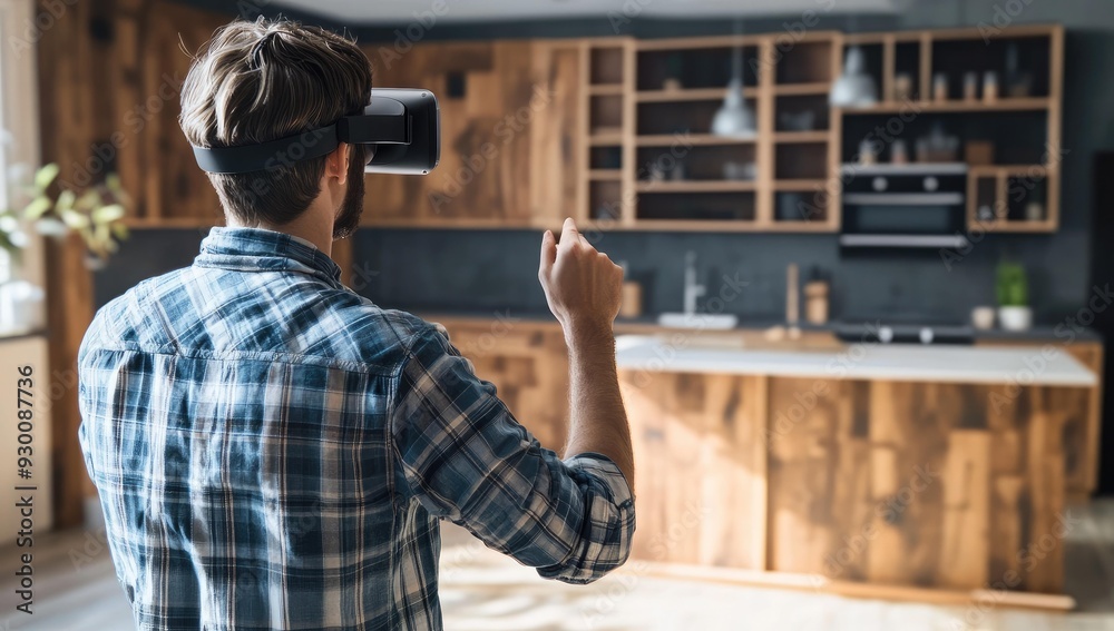 Man wearing VR headset in a kitchen. Man wearing VR headset in a kitchen.