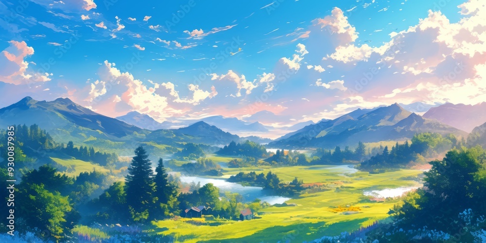 Obraz premium Enchanting Anime Landscape: Vibrant Sunset Sky View with Digital Artistry. AI-Generated Cinematic Scene for Marketing, UI Design, and Storytelling. Versatile 4K Illustration Perfect for Web Banners, G