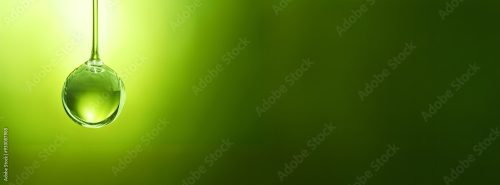 Droplet of Liquid Falling from Pipette Against Green Background with Copy Space Droplet of Liquid Falling from Pipette Against Green Background with Copy Space
