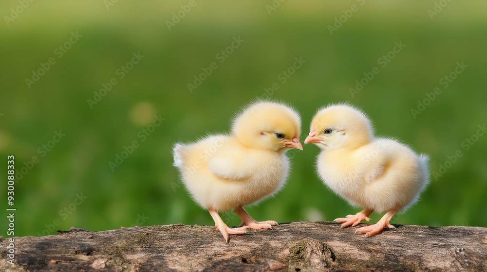 Two fluffy yellow chicks standing on the edge of an old log creating a charming and rustic scene, highlighting their adorable features, yellow chicks, fluffy birds Two fluffy yellow chicks standing on the edge of an old log creating a charming and rustic scene, highlighting their adorable features, yellow chicks, fluffy birds