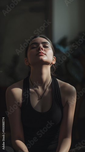 Young Woman in Black Tank Top Meditating Indoors, Embracing Serenity in Low Light