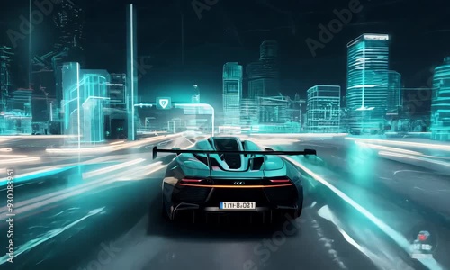 A futuristic car races through a neon-lit digital highway in a high-speed, immersive gameplay scene. The vibrant lights and sleek design create a cyberpunk atmosphere