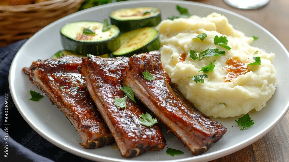 Sizzling BBQ Ribs with Mashed Potatoes and Grilled Zucchini on a White Plate Sizzling BBQ Ribs with Mashed Potatoes and Grilled Zucchini on a White Plate