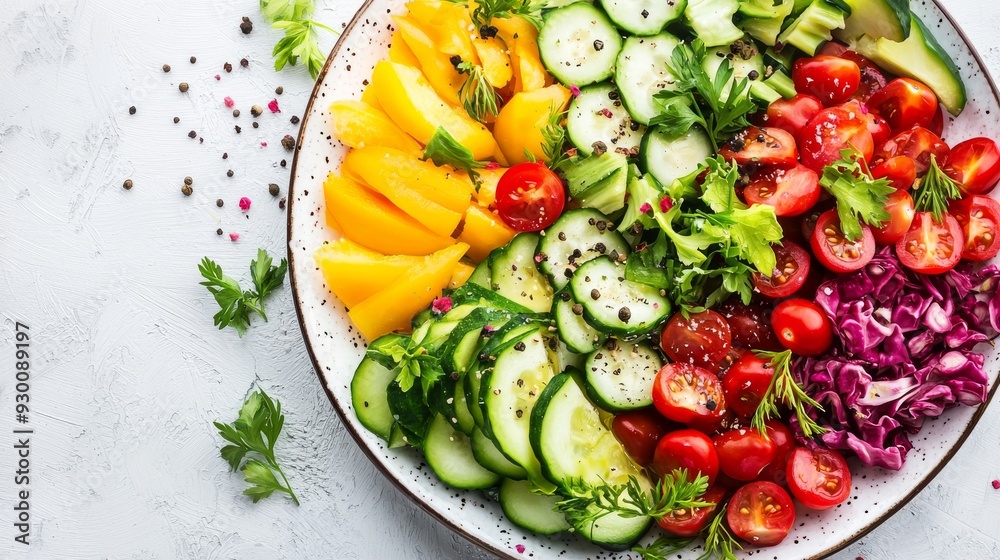 Healthy Fresh Veggie Salad with Tomatoes, Cucumbers, Bell Peppers, and Lettuce on White Background Healthy Fresh Veggie Salad with Tomatoes, Cucumbers, Bell Peppers, and Lettuce on White Background