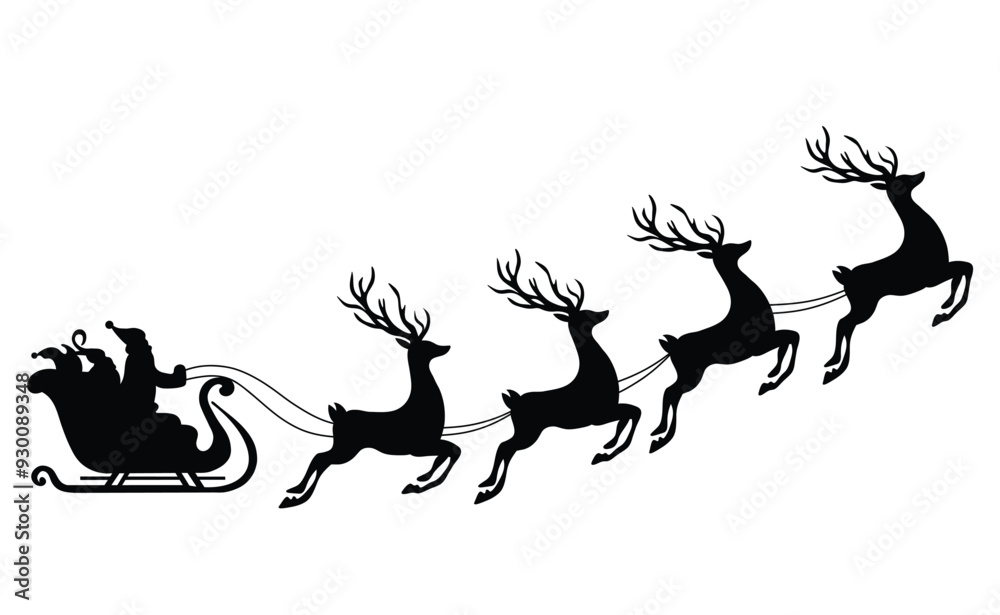Santa and Silhouette of Santa's sleight being pulled by 4 reindeer Santa and Silhouette of Santa's sleight being pulled by 4 reindeer