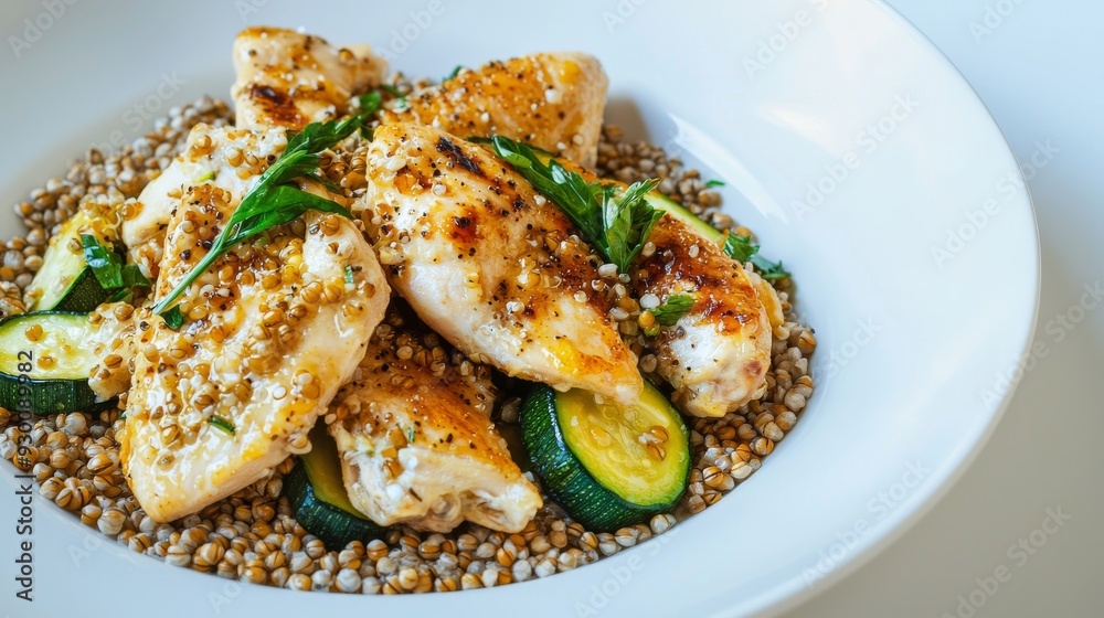Grilled Chicken with Zucchini and Pearl Barley in a White Bowl. Healthy Meal Concept