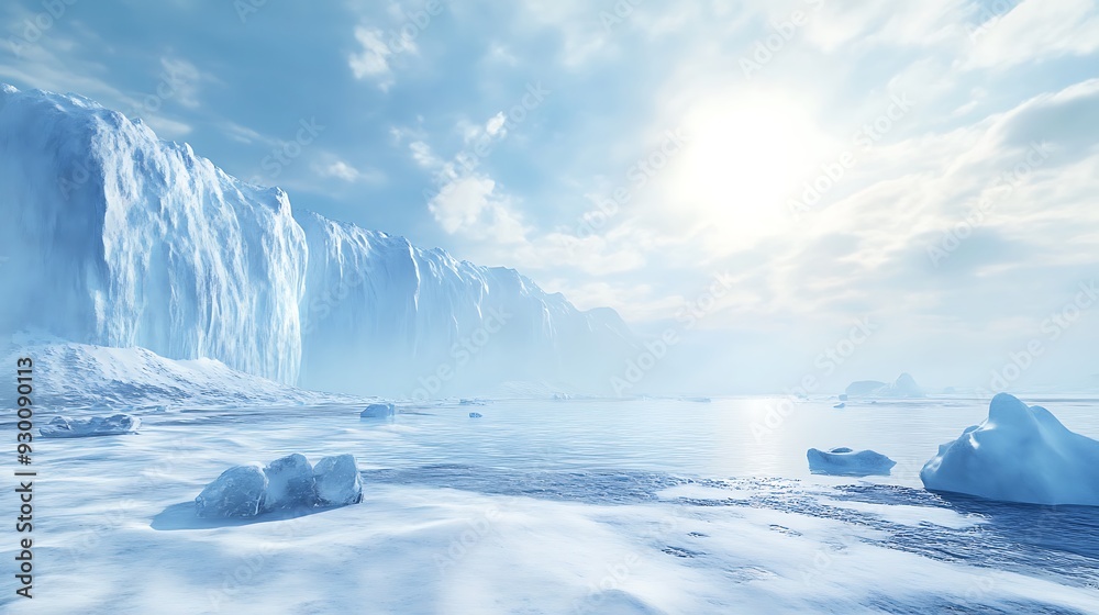 Frozen Landscape: Icebergs, Glacier, Snow, and a Bright Blue Sky Frozen Landscape: Icebergs, Glacier, Snow, and a Bright Blue Sky