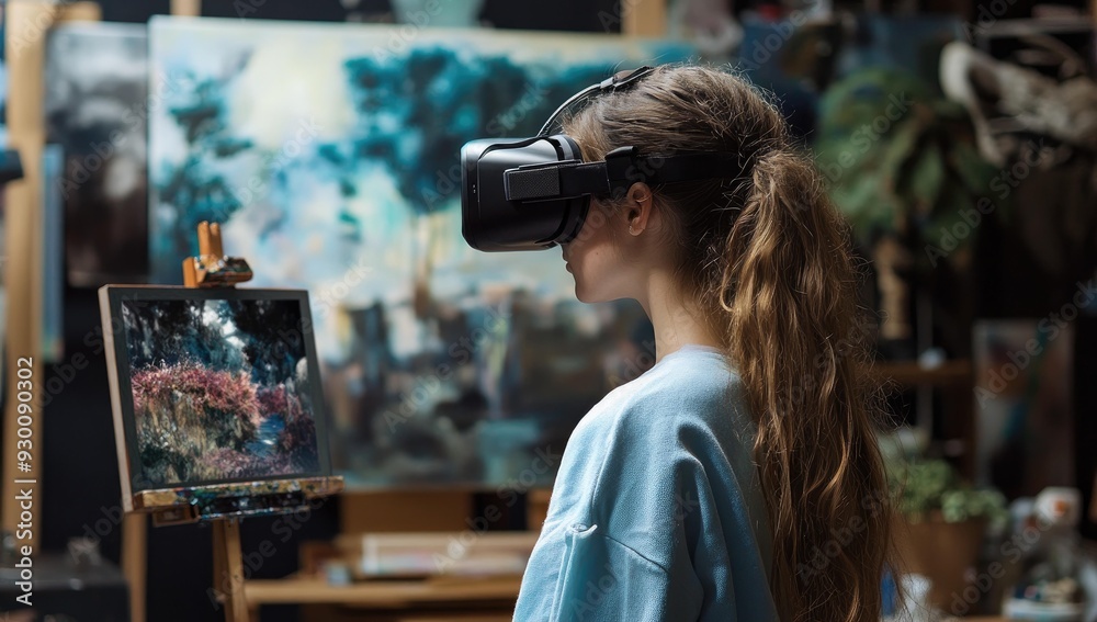 Woman in VR headset looking at painting. Woman in VR headset looking at painting.