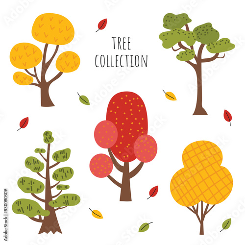 Vector tree set. Cute fall trees in the flat hand drawn style. Autumn botanical collection on white isolated background. Clipart.