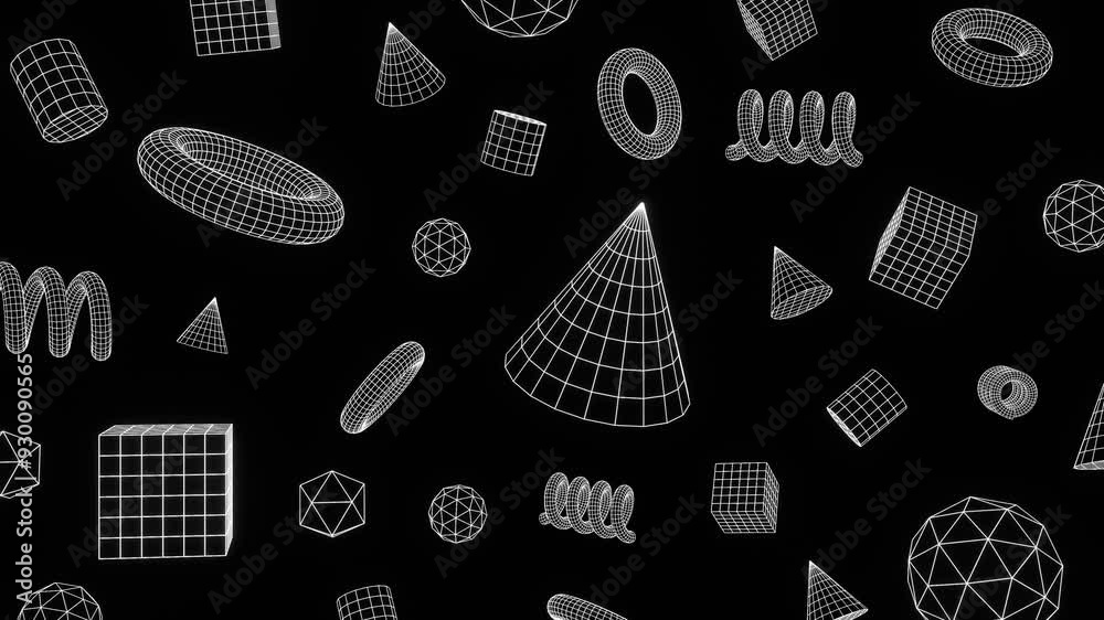Set of y2k retro futuristic cyber wireframe grid white shapes on black background isolated. Back to school template objects - cube, triangle, sphere, globe, torus, spiral. Geometry concept animation
