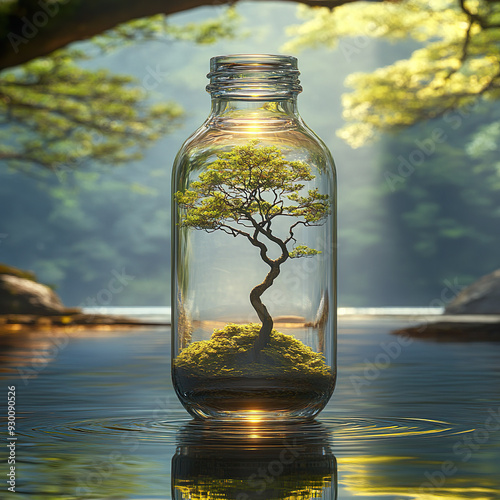 Glass Bottle with a tree of micro Landscape on water with vibrant greenery