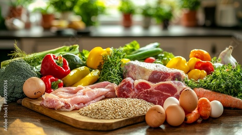 Assorted Fresh Vegetables and Meats on a Cutting Board in a Sunlit Kitchen