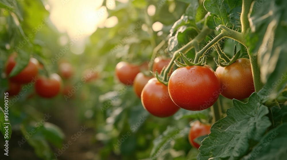 Tomatoes ripening on the vine in a backyard organic garden, carefully tended by a passionate farmer. Tomatoes ripening on the vine in a backyard organic garden, carefully tended by a passionate farmer.