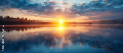  A tranquil scene of a sun sinking behind a body of water, surrounded by trees on the opposite shore