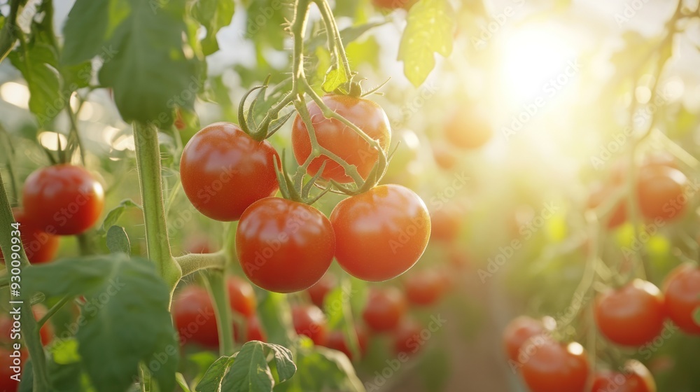 Organic tomatoes hanging from the vine in a modern greenhouse, their red skin glistening under optimized light. Organic tomatoes hanging from the vine in a modern greenhouse, their red skin glistening under optimized light.