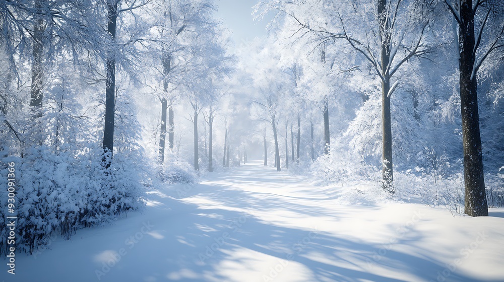 Snowy Forest Path with Sunbeams