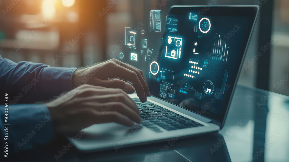 Businessman engaging with productivity tools on a laptop, icons on the screen representing lean cost and efficient processes Businessman engaging with productivity tools on a laptop, icons on the screen representing lean cost and efficient processes