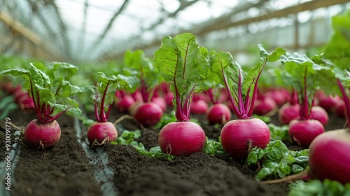 Organic beetroots growing robustly in a greenhouse, their rich color and size a testament to innovative farming technology. photo