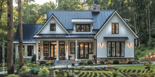 Modern House with Stone Facade and Black Roof