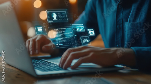 Businessman engaging with productivity tools on a laptop, icons on the screen representing lean cost and efficient processes