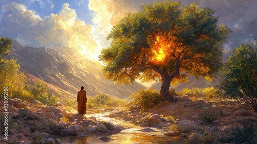 dramatic scene of Moses facing the miraculous burning bush amidst a desolate desert landscape photo