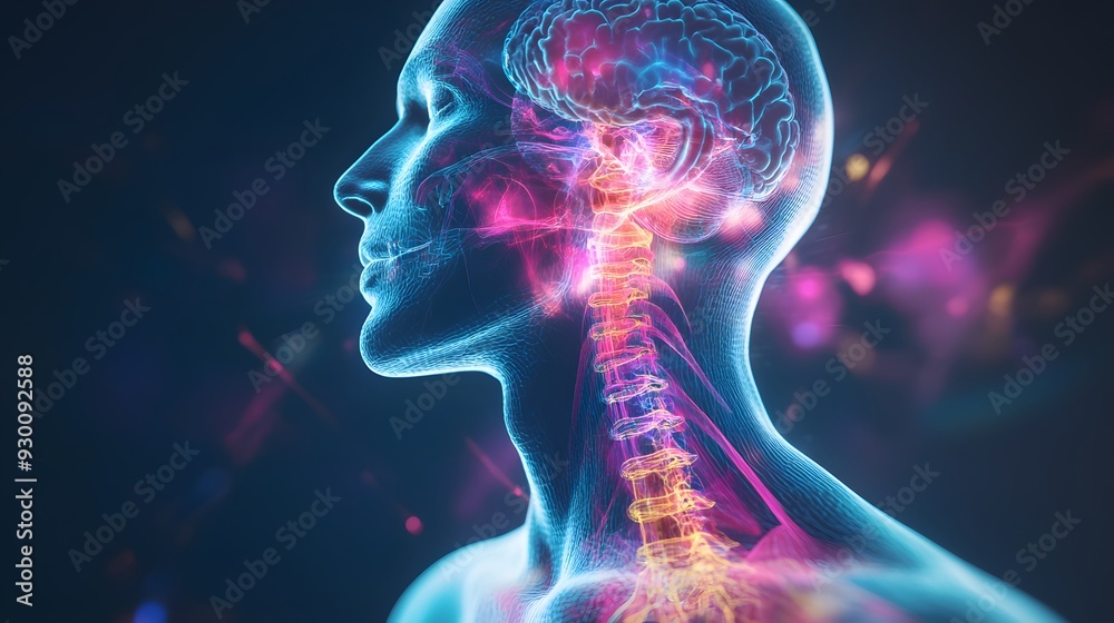 A dynamic 3D rendered CT scan of a human neck, with colorful overlays for different structures, bright, diffuse lighting highlighting depth, modern medical illustration style, analytical and clinical A dynamic 3D rendered CT scan of a human neck, with colorful overlays for different structures, bright, diffuse lighting highlighting depth, modern medical illustration style, analytical and clinical