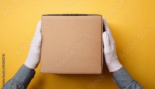 Contactless Convenience: Cardboard Box in Hands on Trendy Yellow Backdrop 