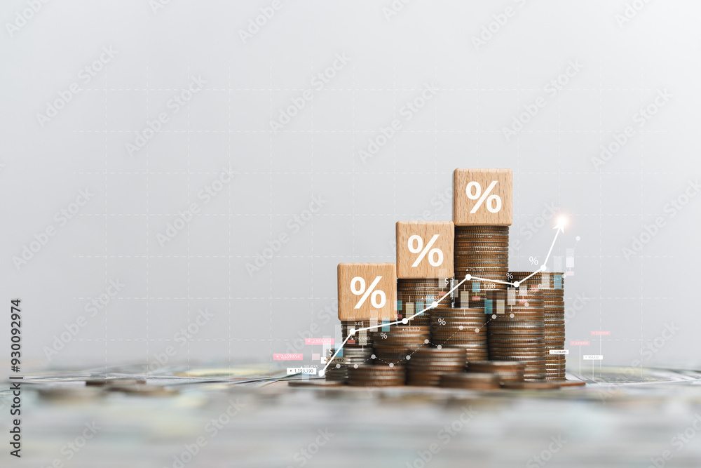 Photography Stack of silver coins with up arrow