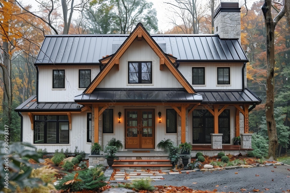 Modern Wooden Cabin with Mountain View, Fall Decor Modern Wooden Cabin with Mountain View, Fall Decor
