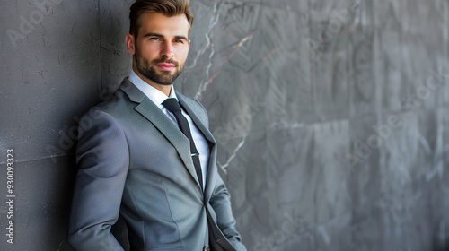 Smart and stylish businessman in a grey suit, displaying confidence and a photogenic face