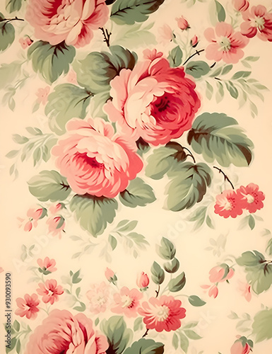 A nostalgic floral wallpaper design featuring vibrant red and pink roses intertwined with green leaves, reminiscent of vintage home decor.