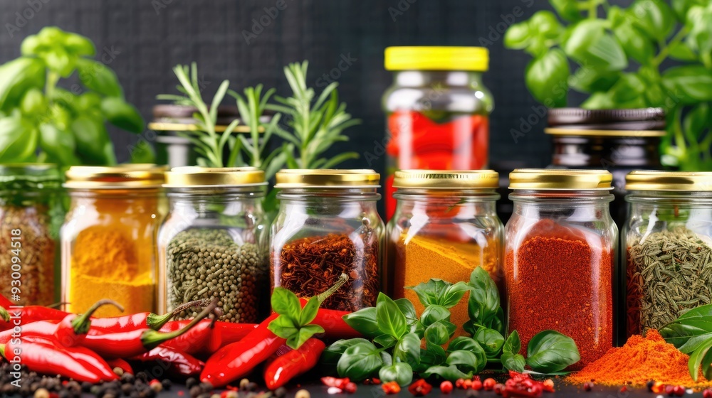 A vibrant display of assorted spices in jars, showcasing rich colors and textures, perfect for culinary and food photography. A vibrant display of assorted spices in jars, showcasing rich colors and textures, perfect for culinary and food photography.