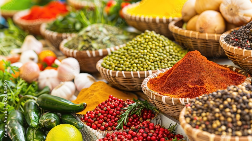 A vibrant display of assorted spices and fresh vegetables, showcasing colors and textures, perfect for culinary inspiration. A vibrant display of assorted spices and fresh vegetables, showcasing colors and textures, perfect for culinary inspiration.