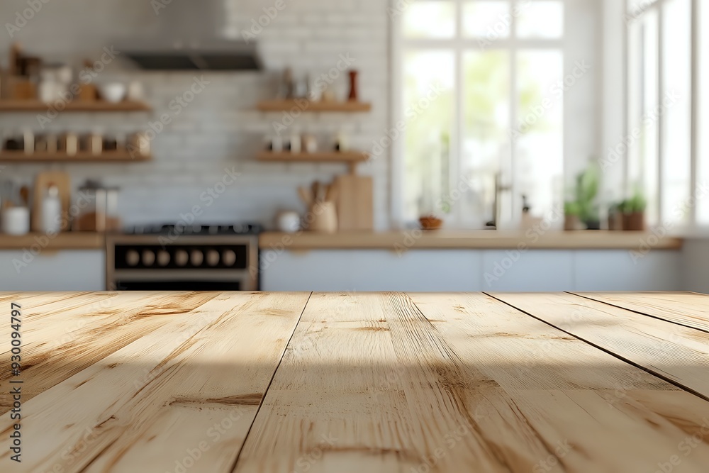Wooden Tabletop in Modern Kitchen with White Brick Walls and Large Window Wooden Tabletop in Modern Kitchen with White Brick Walls and Large Window