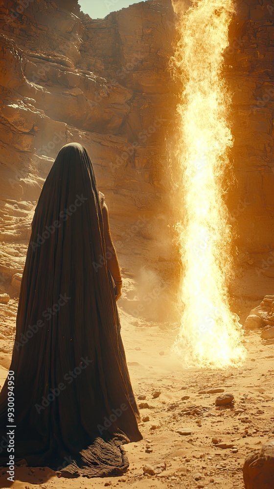 dramatic scene of Moses facing the miraculous burning bush amidst a desolate desert landscape dramatic scene of Moses facing the miraculous burning bush amidst a desolate desert landscape