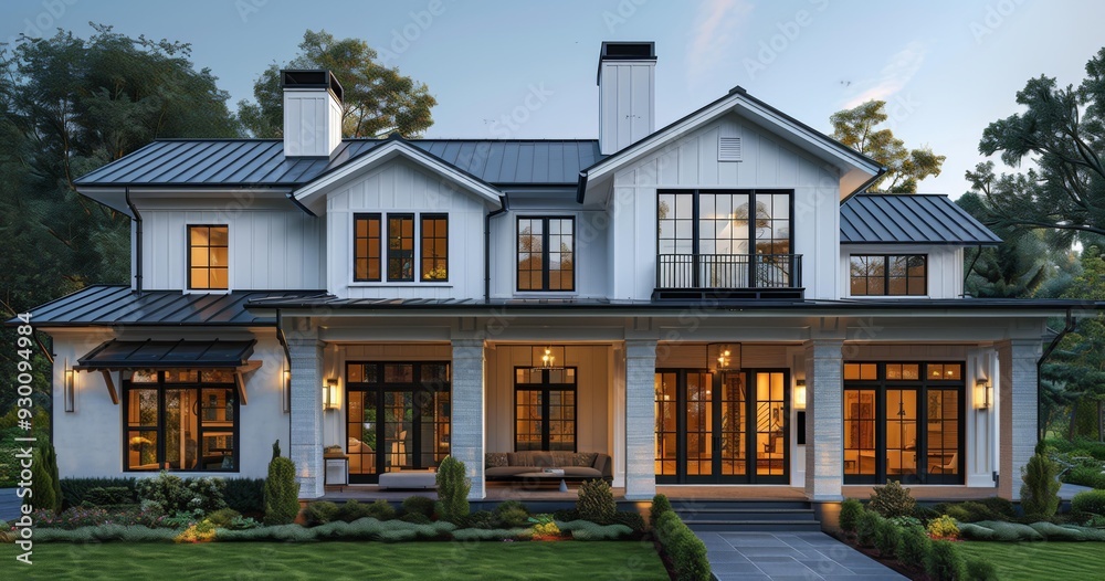 Modern Two-Story House with Porch and Outdoor Fireplace Modern Two-Story House with Porch and Outdoor Fireplace