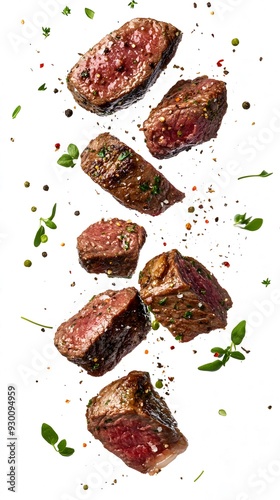 A piece of steak flying with herbs around it, set against a white background for a dynamic and appetizing presentation.