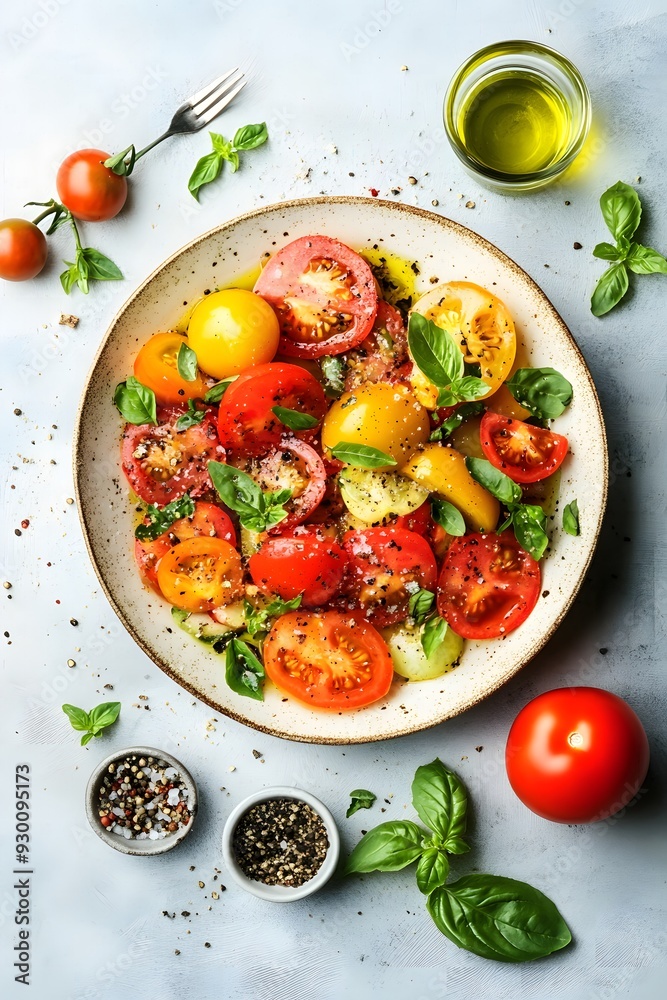 Ripe, fresh, colorful tomatoes salad with olive oil and basil leaves, ideal for clean eating and weight loss. Ripe, fresh, colorful tomatoes salad with olive oil and basil leaves, ideal for clean eating and weight loss.